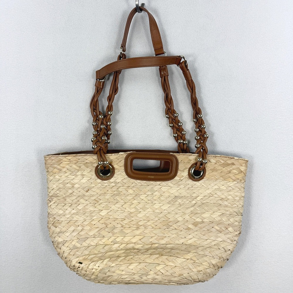 Maje Raffia Woven Palm Market Tote Leather Handles Shoulder Bag